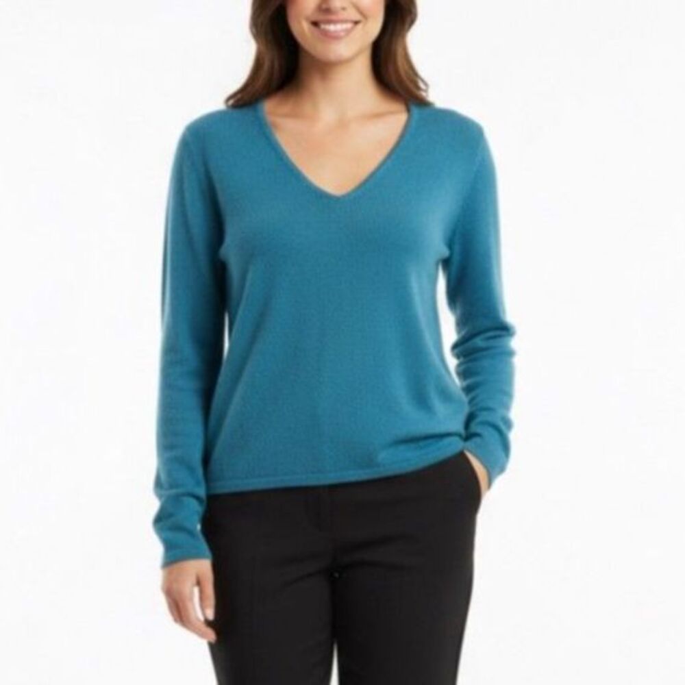 Mainbocher Teal Women's 100% Cashmere V-Neck Long Sleeve Sweater Size XL
